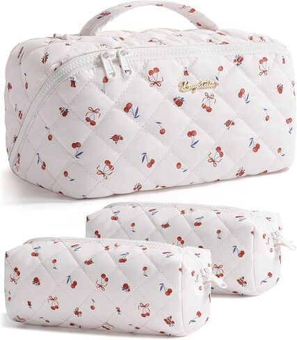 Travel Makeup Bag, 3 Pcs Large Capacity Puffy Toiletry Bag for Women, Open Flat Make up Cosmetic Organizer w/Handle & Clear Divider Water-resistant Portable Pouch Travel Essentials, L-Pink Rose in Kuwait