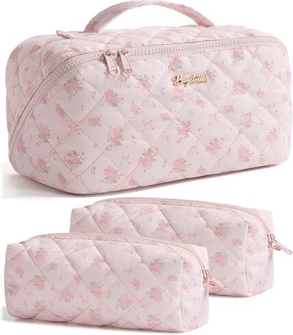 Travel Makeup Bag, 3 Pcs Large Capacity Puffy Toiletry Bag for Women, Open Flat Make up Cosmetic Organizer w/Handle & Clear Divider Water-resistant Portable Pouch Travel Essentials, L-Pink Rose in Kuwait