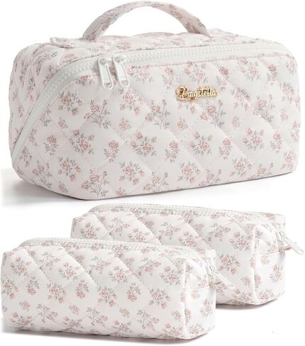 Travel Makeup Bag, 3 Pcs Large Capacity Puffy Toiletry Bag for Women, Open Flat Make up Cosmetic Organizer w/Handle & Clear Divider Water-resistant Portable Pouch Travel Essentials, L-Pink Rose in Kuwait