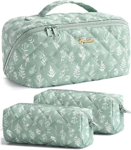 Travel Makeup Bag, 3 Pcs Large Capacity Puffy Toiletry Bag for Women, Open Flat Make up Cosmetic Organizer w/Handle & Clear Divider Water-resistant Portable Pouch Travel Essentials, L-Pink Rose in Kuwait