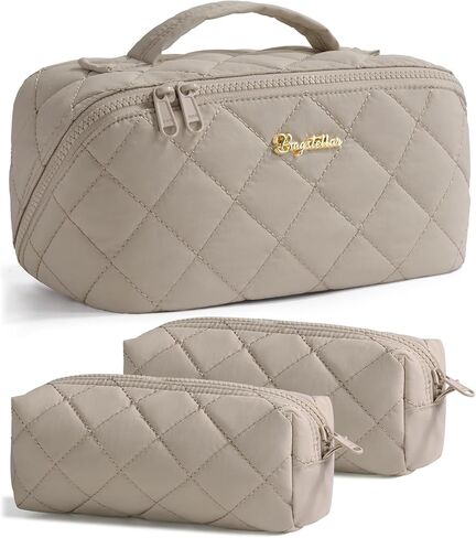 Travel Makeup Bag, 3 Pcs Large Capacity Puffy Toiletry Bag for Women, Open Flat Make up Cosmetic Organizer w/Handle & Clear Divider Water-resistant Portable Pouch Travel Essentials, L-Pink Rose in Kuwait