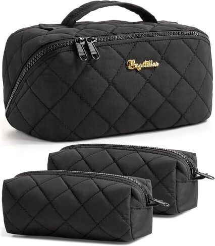 Travel Makeup Bag, 3 Pcs Large Capacity Puffy Toiletry Bag for Women, Open Flat Make up Cosmetic Organizer w/Handle & Clear Divider Water-resistant Portable Pouch Travel Essentials, L-Pink Rose in Kuwait