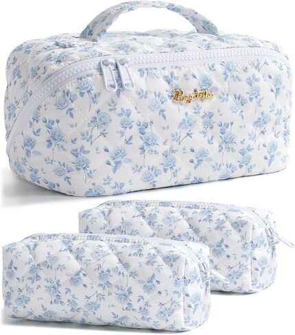 Travel Makeup Bag, 3 Pcs Large Capacity Puffy Toiletry Bag for Women, Open Flat Make up Cosmetic Organizer w/Handle & Clear Divider Water-resistant Portable Pouch Travel Essentials, L-Pink Rose in Kuwait