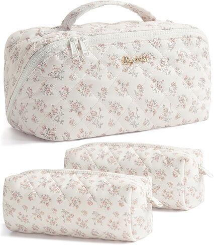 Travel Makeup Bag, 3 Pcs Large Capacity Puffy Toiletry Bag for Women, Open Flat Make up Cosmetic Organizer w/Handle & Clear Divider Water-resistant Portable Pouch Travel Essentials, L-Pink Rose in Kuwait