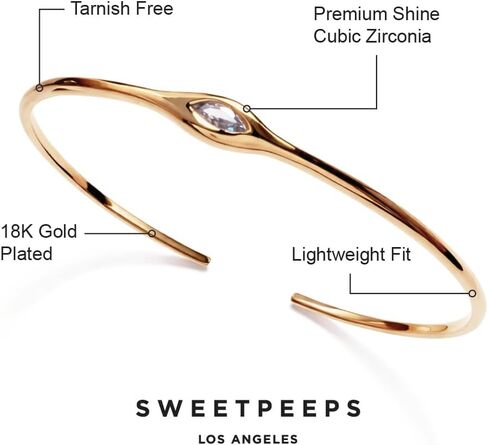 SWEET PEEPS 18K Gold Dipped CZ Bangle Bracelet for Women, Marquise Shaped Cubic Zirconia Open Bangle, Minimalist Gold Jewelry in Saudi Arabia