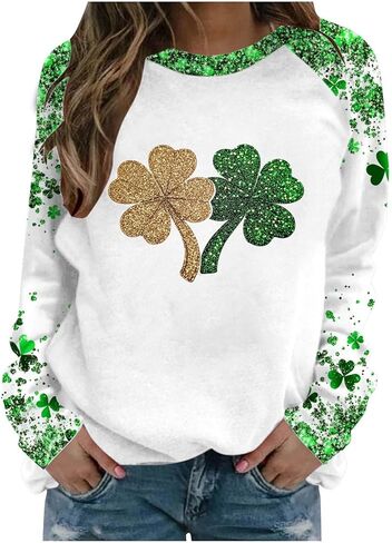 Saint Patricks Day Outfit Women Raglan Sleeve Lucky Leaf Clover Sweatshirt Crewneck Shamrock Tops Casual Irish Gift in Saudi Arabia