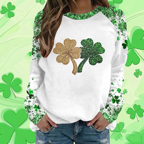 Saint Patricks Day Outfit Women Raglan Sleeve Lucky Leaf Clover Sweatshirt Crewneck Shamrock Tops Casual Irish Gift in Saudi Arabia