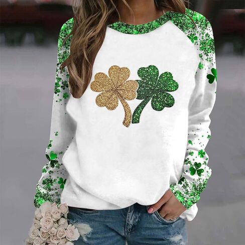 Saint Patricks Day Outfit Women Raglan Sleeve Lucky Leaf Clover Sweatshirt Crewneck Shamrock Tops Casual Irish Gift in Saudi Arabia