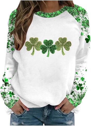 Saint Patricks Day Outfit Women Raglan Sleeve Lucky Leaf Clover Sweatshirt Crewneck Shamrock Tops Casual Irish Gift in Saudi Arabia