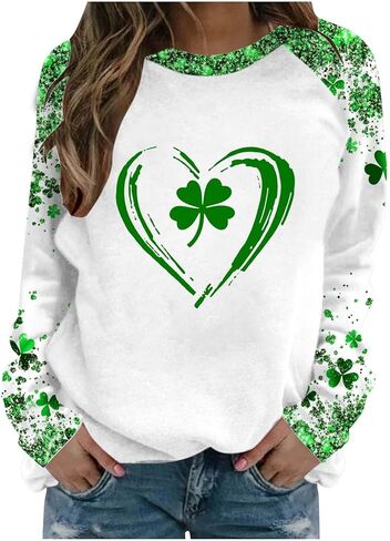 Saint Patricks Day Outfit Women Raglan Sleeve Lucky Leaf Clover Sweatshirt Crewneck Shamrock Tops Casual Irish Gift in Saudi Arabia