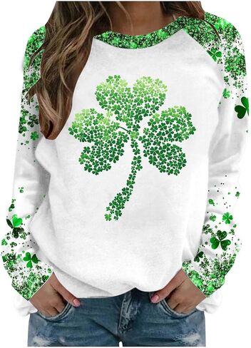 Saint Patricks Day Outfit Women Raglan Sleeve Lucky Leaf Clover Sweatshirt Crewneck Shamrock Tops Casual Irish Gift in Saudi Arabia