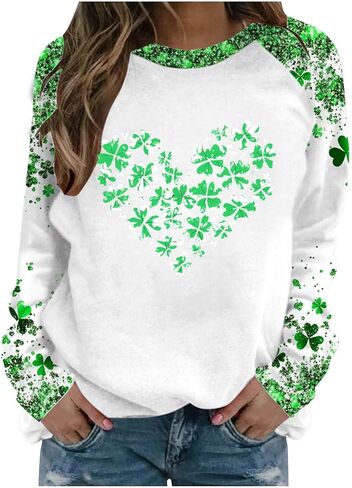 Saint Patricks Day Outfit Women Raglan Sleeve Lucky Leaf Clover Sweatshirt Crewneck Shamrock Tops Casual Irish Gift in Saudi Arabia