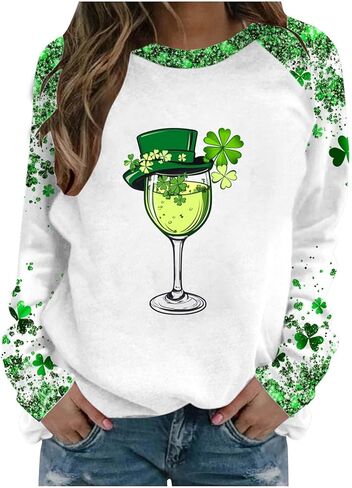 Saint Patricks Day Outfit Women Raglan Sleeve Lucky Leaf Clover Sweatshirt Crewneck Shamrock Tops Casual Irish Gift in Saudi Arabia