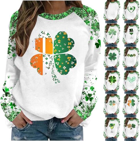 Saint Patricks Day Outfit Women Raglan Sleeve Lucky Leaf Clover Sweatshirt Crewneck Shamrock Tops Casual Irish Gift in Saudi Arabia
