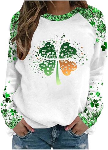 Saint Patricks Day Outfit Women Raglan Sleeve Lucky Leaf Clover Sweatshirt Crewneck Shamrock Tops Casual Irish Gift in Saudi Arabia