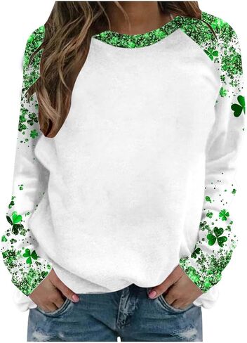 Saint Patricks Day Outfit Women Raglan Sleeve Lucky Leaf Clover Sweatshirt Crewneck Shamrock Tops Casual Irish Gift in Saudi Arabia