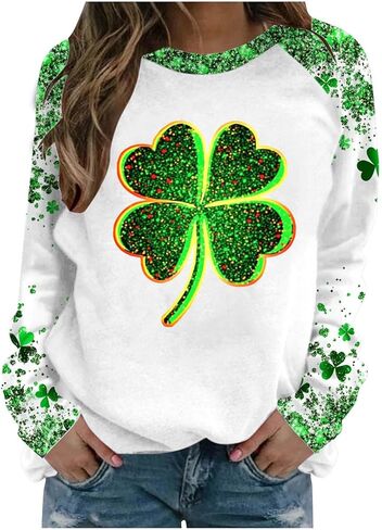 Saint Patricks Day Outfit Women Raglan Sleeve Lucky Leaf Clover Sweatshirt Crewneck Shamrock Tops Casual Irish Gift in Saudi Arabia