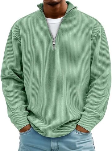 Men's Quarter Zip Pullover Long Sleeved Stand Collar Corduroy Casual Sweater Autumn Slim Fit Business Polo Sweatshirt in Saudi Arabia
