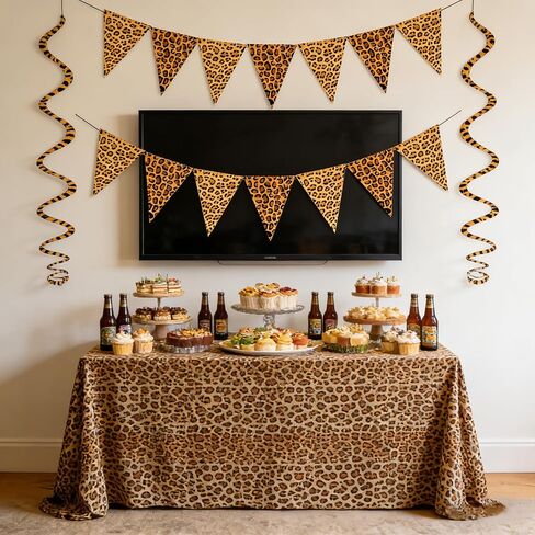 الفهد طباعة زينة حفلة عيد ميلاد، ليوبارد راية مثلث لافتات للفتيات النساء البرية موضوع عيد ميلاد العازبة ديكور حفلة Sulplies in Kuwait