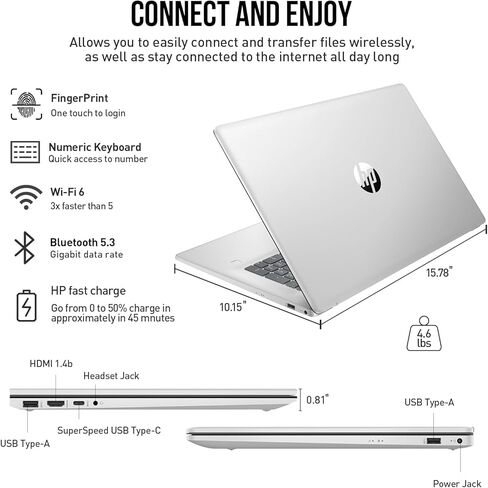 كمبيوتر محمول HP مقاس 17 بوصة، يتضمن Microsoft Office مدى الحياة، كمبيوتر محمول 17.3 IPS FHD، AMD Ryzen 5 6-Cores، ذاكرة الوصول العشوائي 32 جيجابايت، 1 تيرابايت SSD، Windows 11، قارئ بصمات الأصابع، لوحة مفاتيح رقمية ذات 10 مفاتيح، كاميرا ويب HDMI in Kuwait