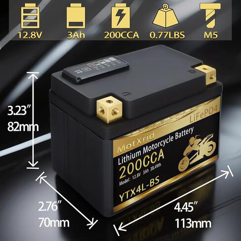 YTX4L-BS 200A Lithium LiFePO4 Motorcycle Battery, 12.8V 3AH, Fits for ATV,UTV,Jet Ski,PWC,Scooter,Lawn Mower,Tractor,Snowmobile,Smart BMS,Digital Readout,3X Cranking Amps,5X Life in Saudi Arabia