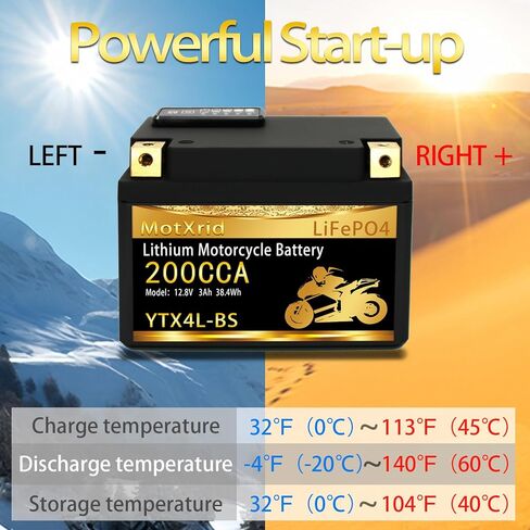 YTX4L-BS 200A Lithium LiFePO4 Motorcycle Battery, 12.8V 3AH, Fits for ATV,UTV,Jet Ski,PWC,Scooter,Lawn Mower,Tractor,Snowmobile,Smart BMS,Digital Readout,3X Cranking Amps,5X Life in Saudi Arabia