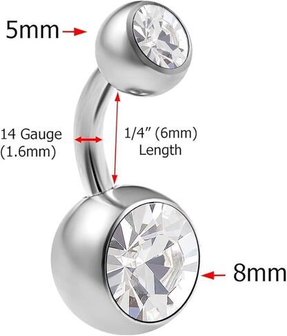 2pcs 14g Implant Grade Surgical Steel Double Crystal Short Navel Belly Button Ring 6mm1/4 14 gauge pick color(s) in Saudi Arabia