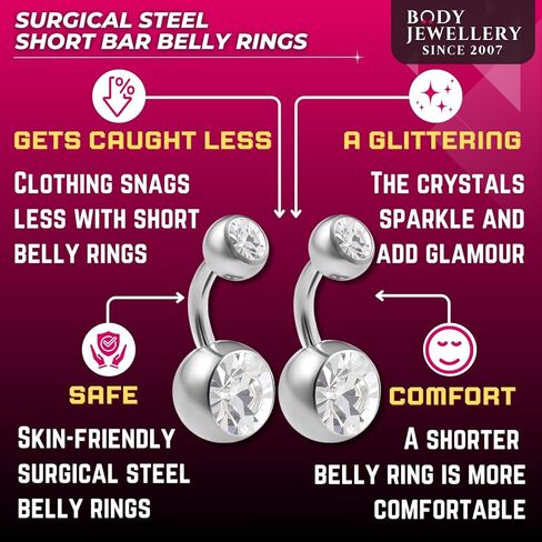 2pcs 14g Implant Grade Surgical Steel Double Crystal Short Navel Belly Button Ring 6mm1/4 14 gauge pick color(s) in Saudi Arabia