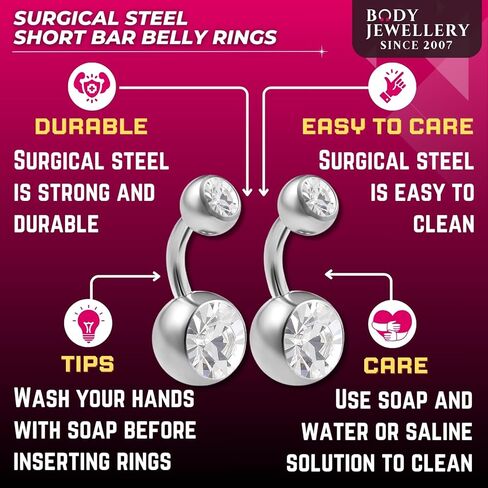 2pcs 14g Implant Grade Surgical Steel Double Crystal Short Navel Belly Button Ring 6mm1/4 14 gauge pick color(s) in Saudi Arabia
