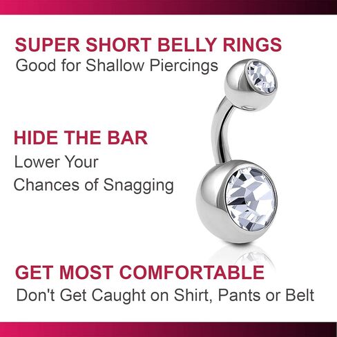 2pcs 14g Implant Grade Surgical Steel Double Crystal Short Navel Belly Button Ring 6mm1/4 14 gauge pick color(s) in Saudi Arabia