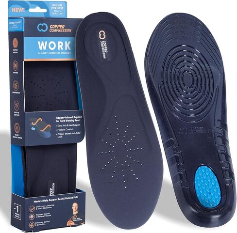 نعال داخلية مريحة تعمل بالضغط النحاسي طوال اليوم. زخرفة لتناسب حشوات الأحذية للرجال والنساء. التهاب اللفافة الأخمصية، دعم القوس، بطانة الكعب، وسادة مشط القدم. طبقة علوية للتحكم في الرائحة مغمورة بالنحاس. in Kuwait