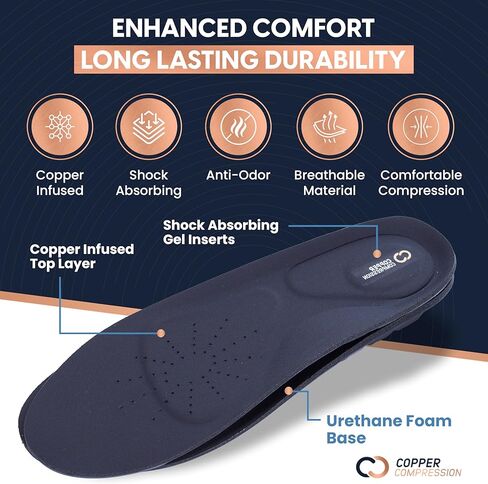 نعال داخلية مريحة تعمل بالضغط النحاسي طوال اليوم. زخرفة لتناسب حشوات الأحذية للرجال والنساء. التهاب اللفافة الأخمصية، دعم القوس، بطانة الكعب، وسادة مشط القدم. طبقة علوية للتحكم في الرائحة مغمورة بالنحاس. in Kuwait