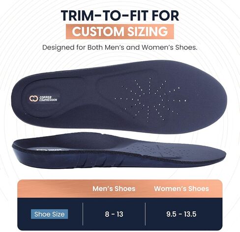 نعال داخلية مريحة تعمل بالضغط النحاسي طوال اليوم. زخرفة لتناسب حشوات الأحذية للرجال والنساء. التهاب اللفافة الأخمصية، دعم القوس، بطانة الكعب، وسادة مشط القدم. طبقة علوية للتحكم في الرائحة مغمورة بالنحاس. in Kuwait