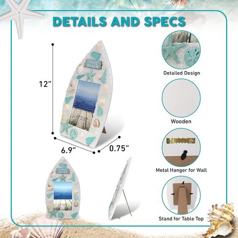 إطار صور CoTa Global Oceanic Boat مقاس 4×6 - حامل صور المحيط مع لمسة من نجم البحر والصدف، إطار الشاطئ لصور الشاطئ الصيفية، إطارات صور ممتعة مصنوعة يدويًا - 12 بوصة in Saudi Arabia