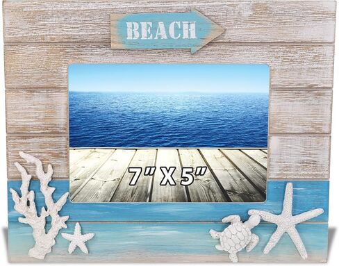 CoTa Global Blue Wave 7x5 Photo Frame - Nautical Wooden Photo Frame with Starfish Display, Handcrafted Beach Theme Picture Holder for Housewarming Gift or Beach Room Decor Display - 10.75 Inches in Saudi Arabia