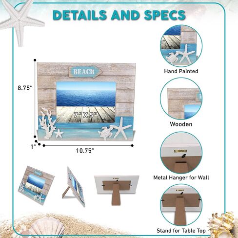CoTa Global Blue Wave 7x5 Photo Frame - Nautical Wooden Photo Frame with Starfish Display, Handcrafted Beach Theme Picture Holder for Housewarming Gift or Beach Room Decor Display - 10.75 Inches in Saudi Arabia