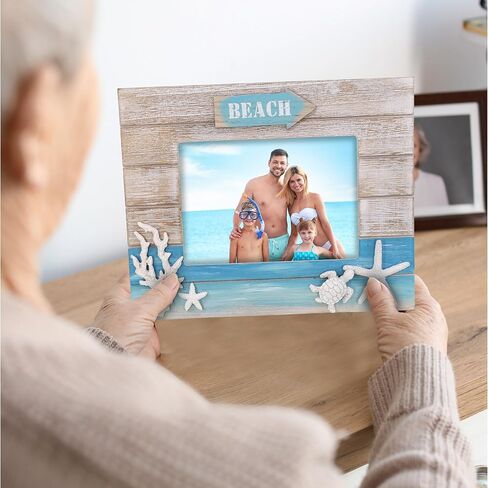 CoTa Global Blue Wave 7x5 Photo Frame - Nautical Wooden Photo Frame with Starfish Display, Handcrafted Beach Theme Picture Holder for Housewarming Gift or Beach Room Decor Display - 10.75 Inches in Saudi Arabia