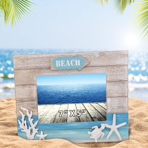 CoTa Global Blue Wave 7x5 Photo Frame - Nautical Wooden Photo Frame with Starfish Display, Handcrafted Beach Theme Picture Holder for Housewarming Gift or Beach Room Decor Display - 10.75 Inches in Saudi Arabia