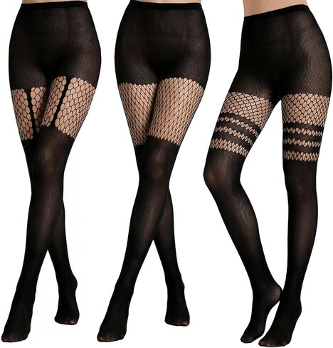 3 Pairs Faux Thigh High Fishnet Stockings for Women Black Opaque Tights Fishnet Tights Pantyhose in Saudi Arabia
