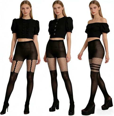 3 Pairs Faux Thigh High Fishnet Stockings for Women Black Opaque Tights Fishnet Tights Pantyhose in Saudi Arabia