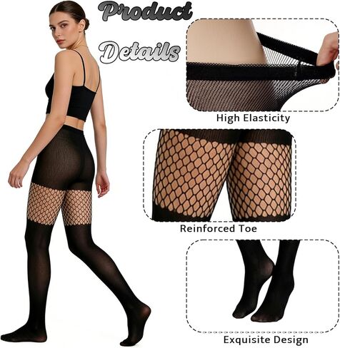 3 Pairs Faux Thigh High Fishnet Stockings for Women Black Opaque Tights Fishnet Tights Pantyhose in Saudi Arabia