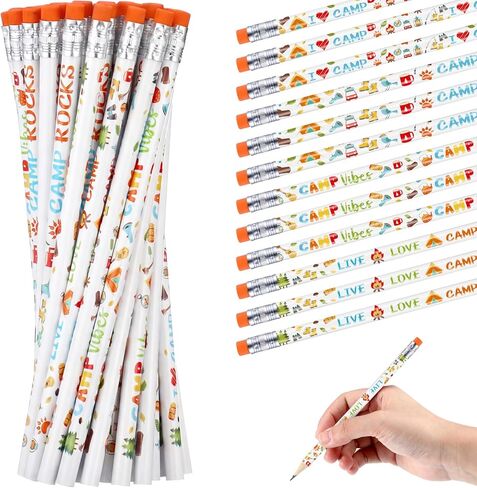 48 قطعة أقلام رصاص للتخييم مع ممحاة أدوات مكتبية سائبة مضحكة VBS الفصول الدراسية اللوازم المدرسية هدية ديكور للتخييم حفلة عيد ميلاد in Kuwait