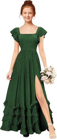 فساتين وصيفة الشرف للصغار من الشيفون المتدرج مع فتحة رقبة مربعة طويلة للفتيات فستان رسمي طويل على شكل حرف A in Kuwait