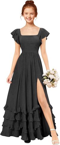 Tiered Chiffon Junior Bridesmaid Dresses with Slit Square Neck Long Girls Formal Maxi Dress A Line in Saudi Arabia