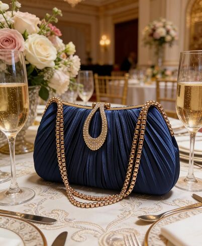 Women‘s Pleated Satin Clutch Purse， Evening Bag with Rhinestone Clasp & Detachable Chain， Formal Party Wedding Handbag in Saudi Arabia