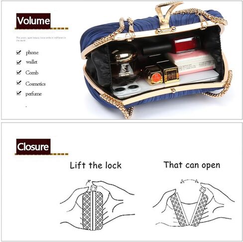 Women‘s Pleated Satin Clutch Purse， Evening Bag with Rhinestone Clasp & Detachable Chain， Formal Party Wedding Handbag in Saudi Arabia