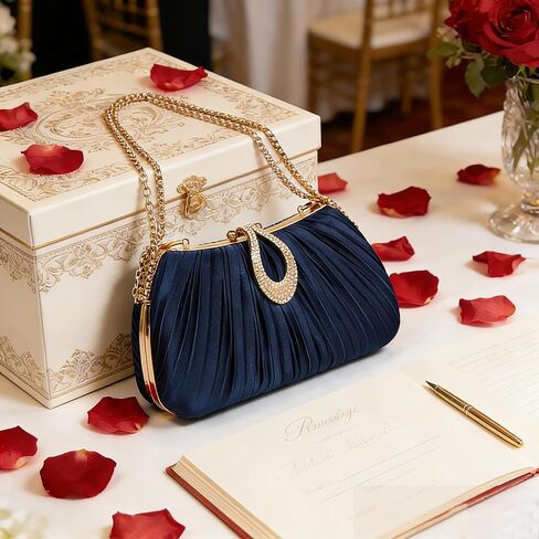 Women‘s Pleated Satin Clutch Purse， Evening Bag with Rhinestone Clasp & Detachable Chain， Formal Party Wedding Handbag in Saudi Arabia