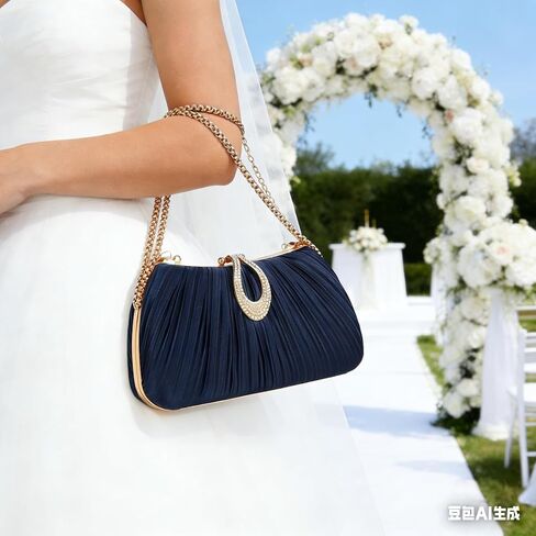 Women‘s Pleated Satin Clutch Purse， Evening Bag with Rhinestone Clasp & Detachable Chain， Formal Party Wedding Handbag in Saudi Arabia
