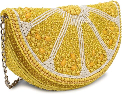 LONGING TO BUY محفظة كلاتش مطرزة بشرائح الليمون، حقيبة سهرة صفراء مع حزام سلسلة، تصميم مبتكر على شكل فاكهة in Kuwait
