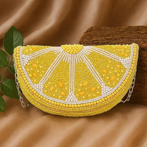 LONGING TO BUY محفظة كلاتش مطرزة بشرائح الليمون، حقيبة سهرة صفراء مع حزام سلسلة، تصميم مبتكر على شكل فاكهة in Kuwait